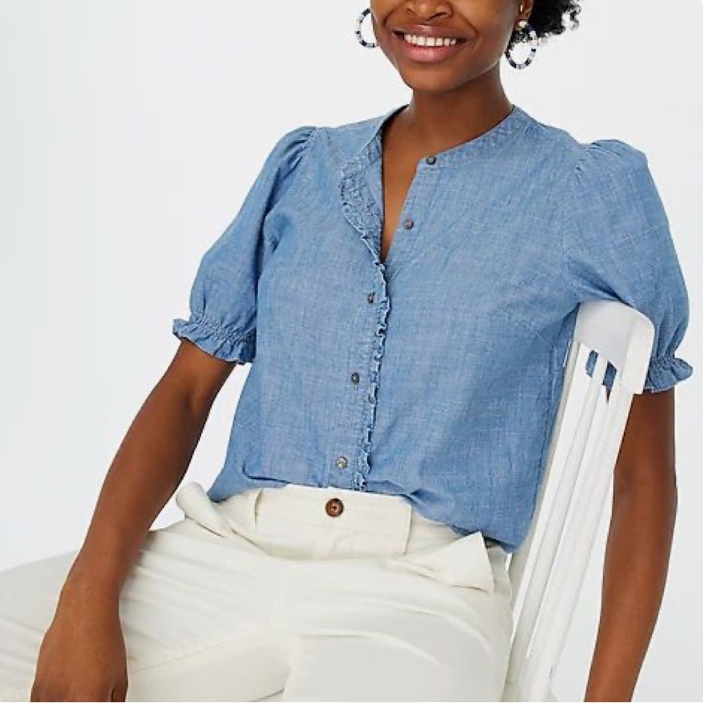 J. Crew Chambray Ruffle Blouse